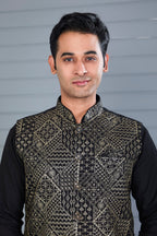 Reception Look Classic Black Raw Silk Kurta Jacket Set with Full Sleeves