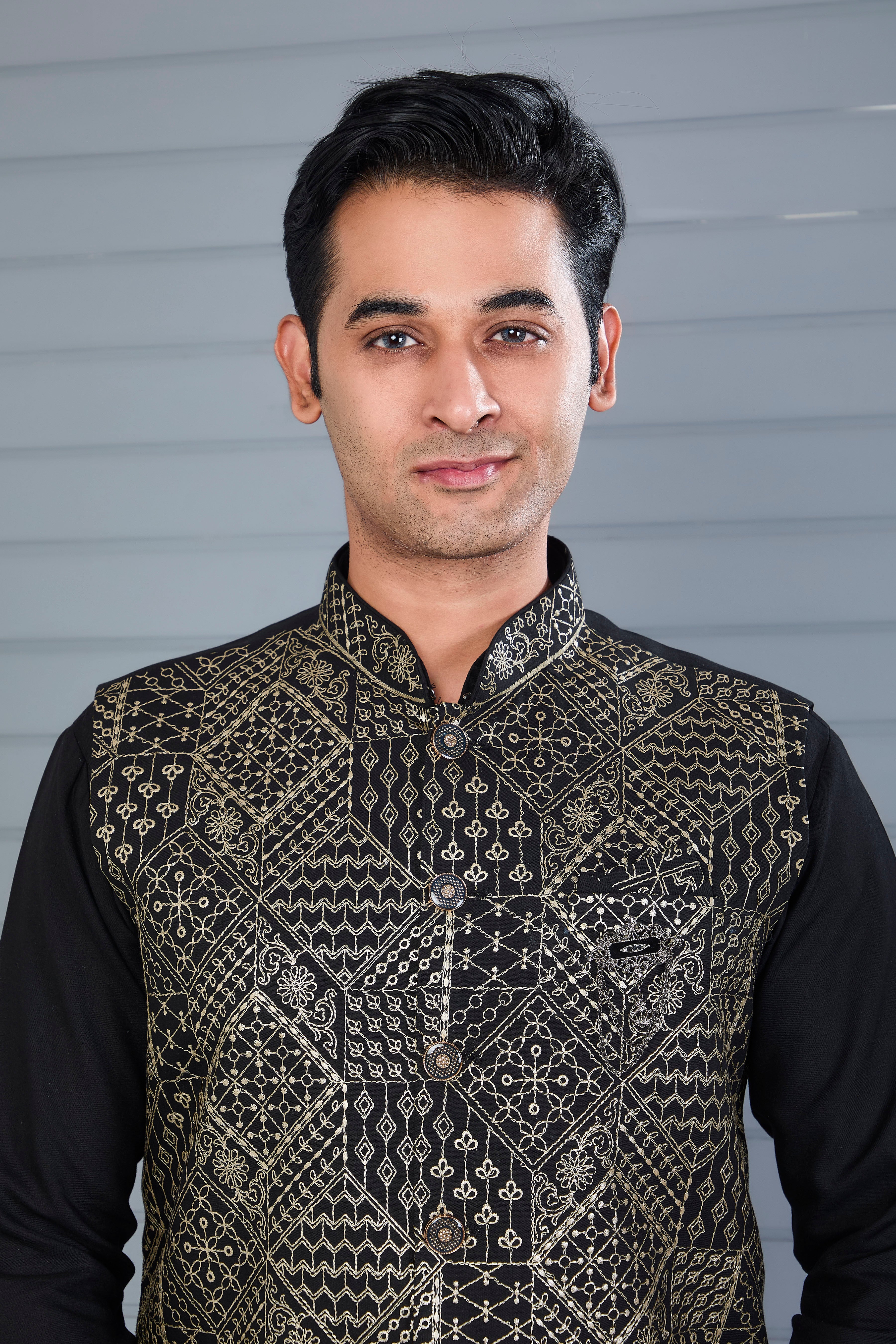 Reception Look Classic Black Raw Silk Kurta Jacket Set with Full Sleeves