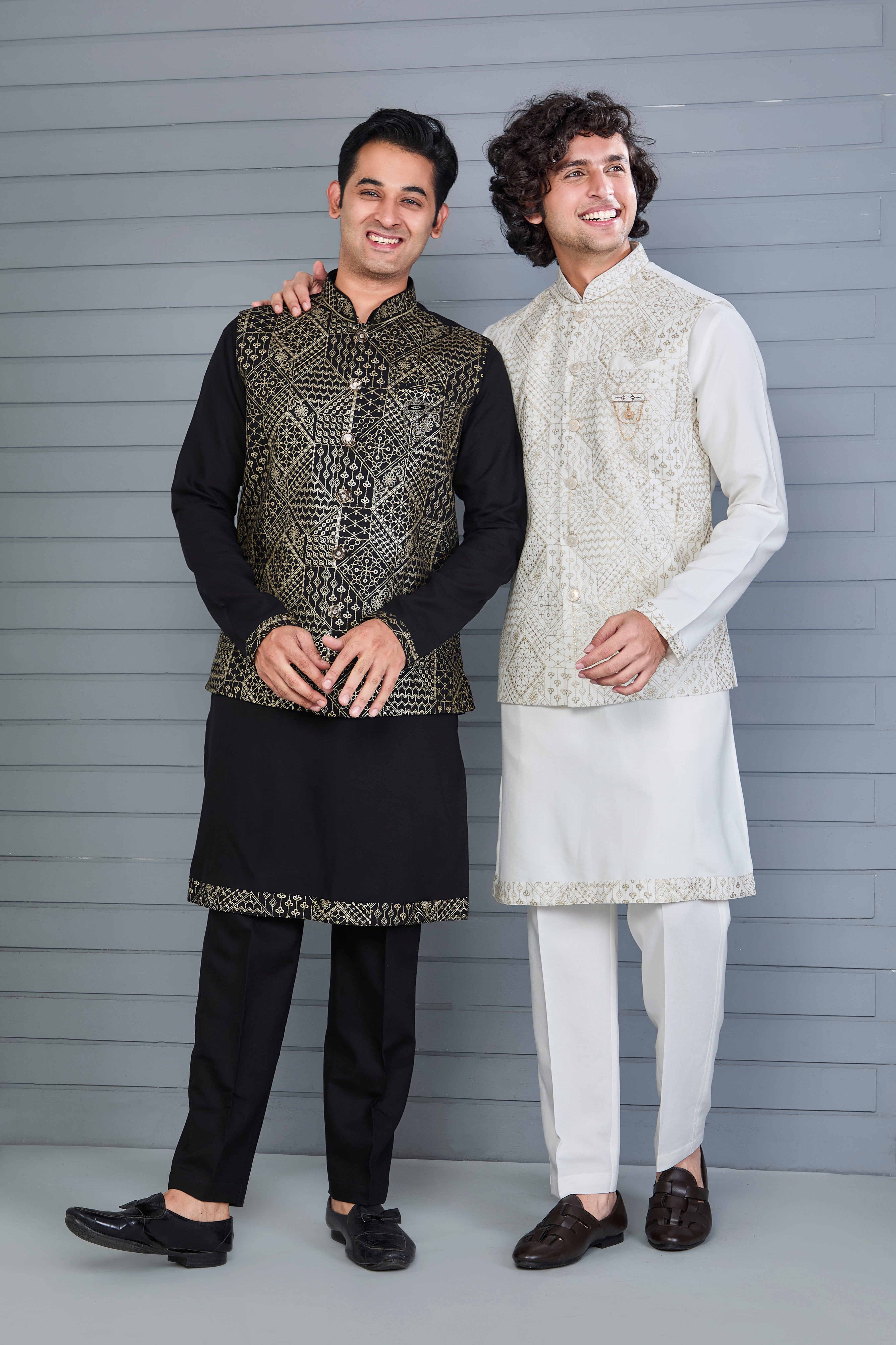 Men's Graceful Off-white Raw Silk Kurta Jacket Set with Comfort Fit