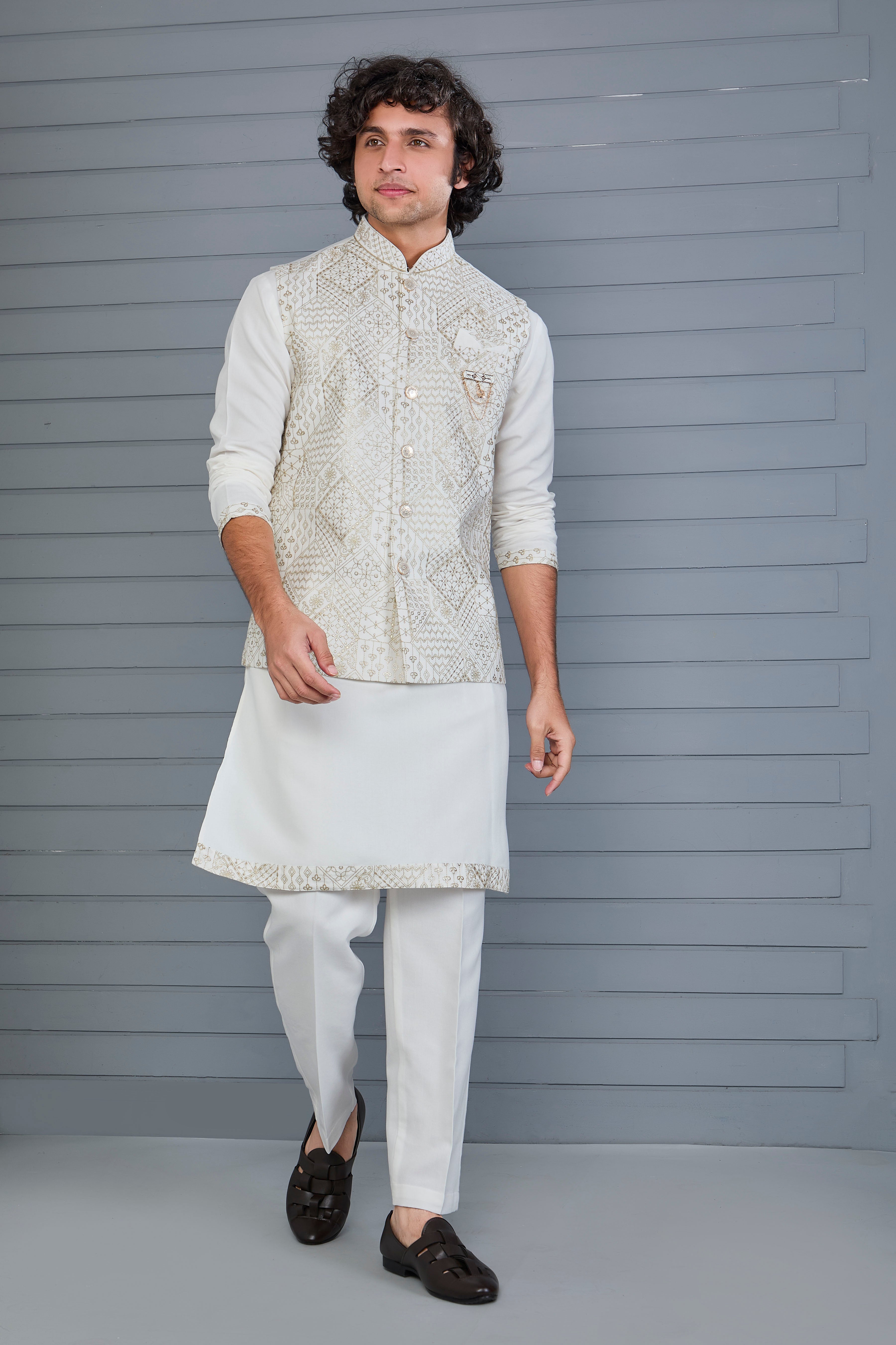 Men's Graceful Off-white Raw Silk Kurta Jacket Set with Comfort Fit