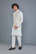 Men's Graceful Off-white Raw Silk Kurta Jacket Set with Comfort Fit