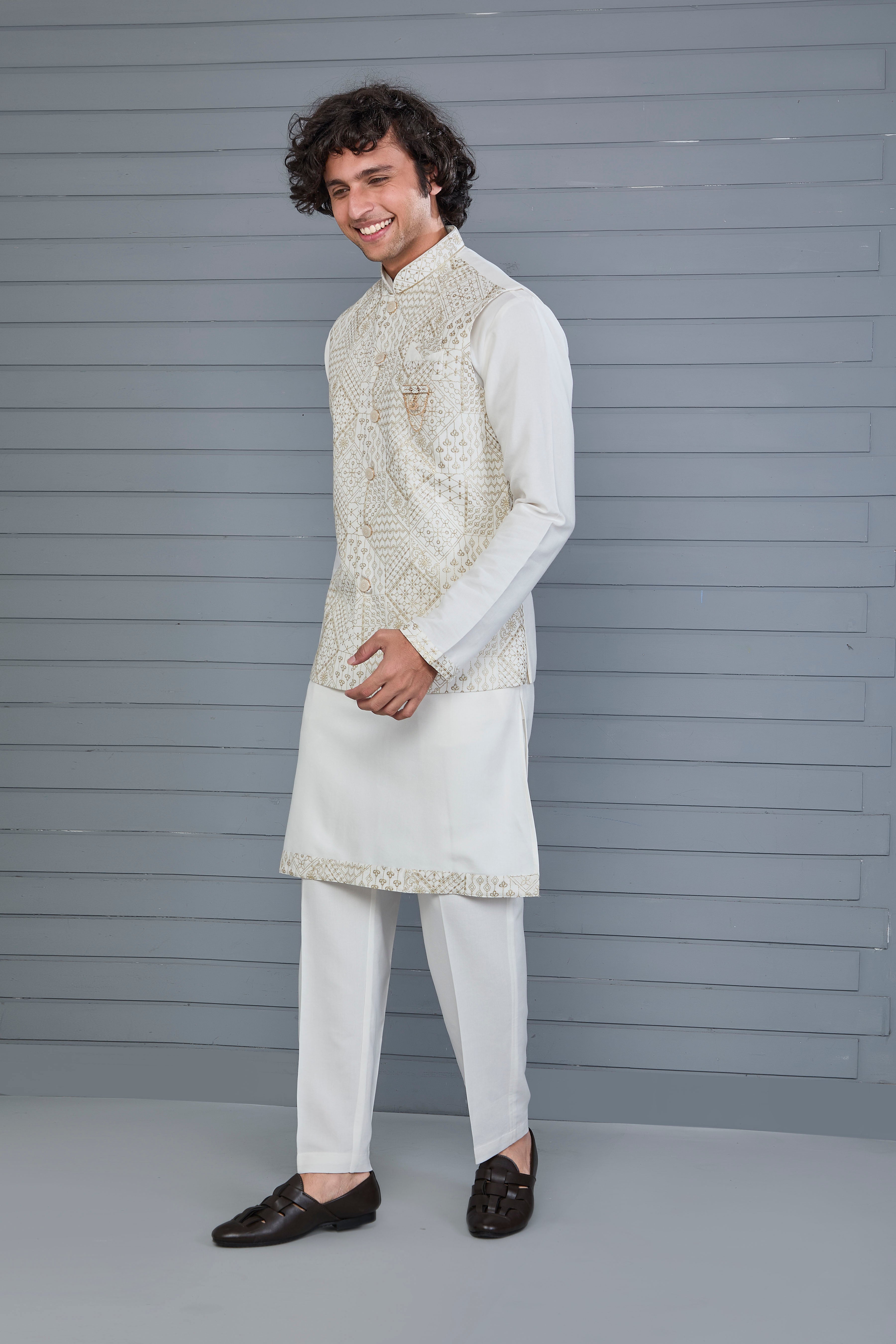 Men's Graceful Off-white Raw Silk Kurta Jacket Set with Comfort Fit