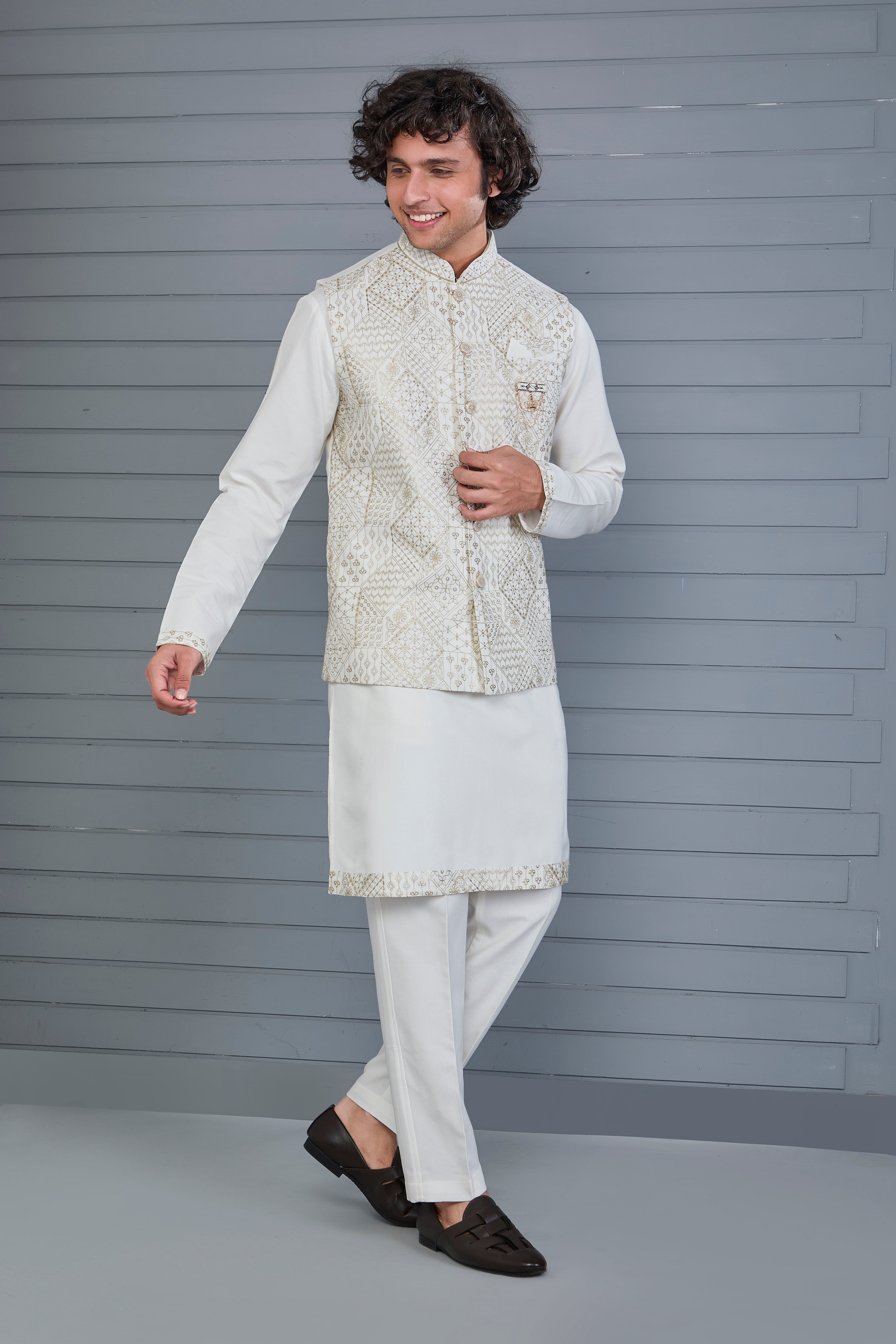 Men's Graceful Off-white Raw Silk Kurta Jacket Set with Comfort Fit