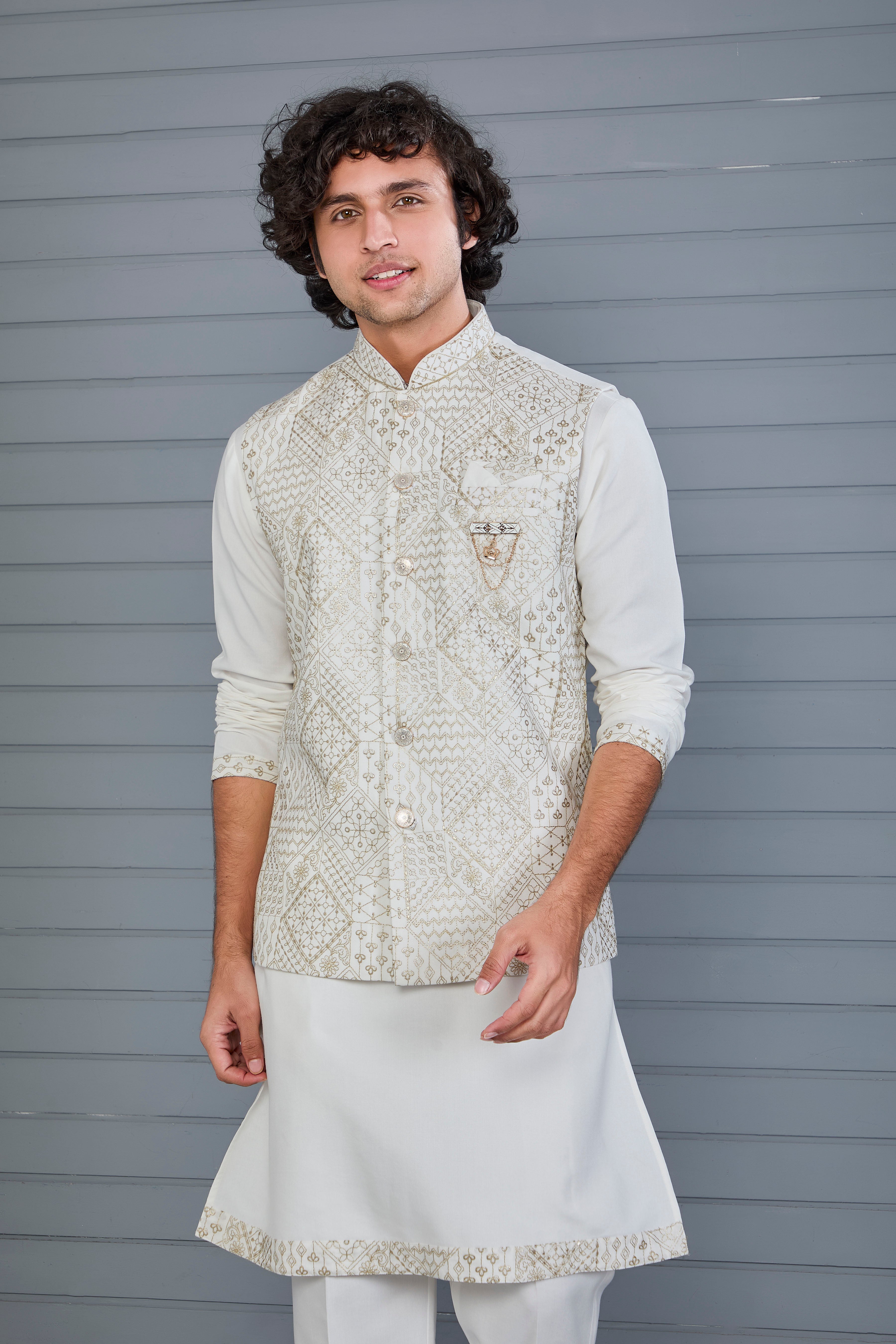 Men's Graceful Off-white Raw Silk Kurta Jacket Set with Comfort Fit