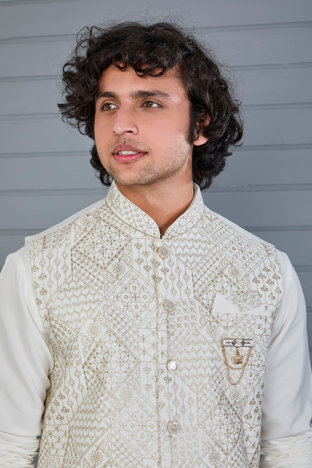 Men's Graceful Off-white Raw Silk Kurta Jacket Set with Comfort Fit