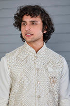 Men's Graceful Off-white Raw Silk Kurta Jacket Set with Comfort Fit