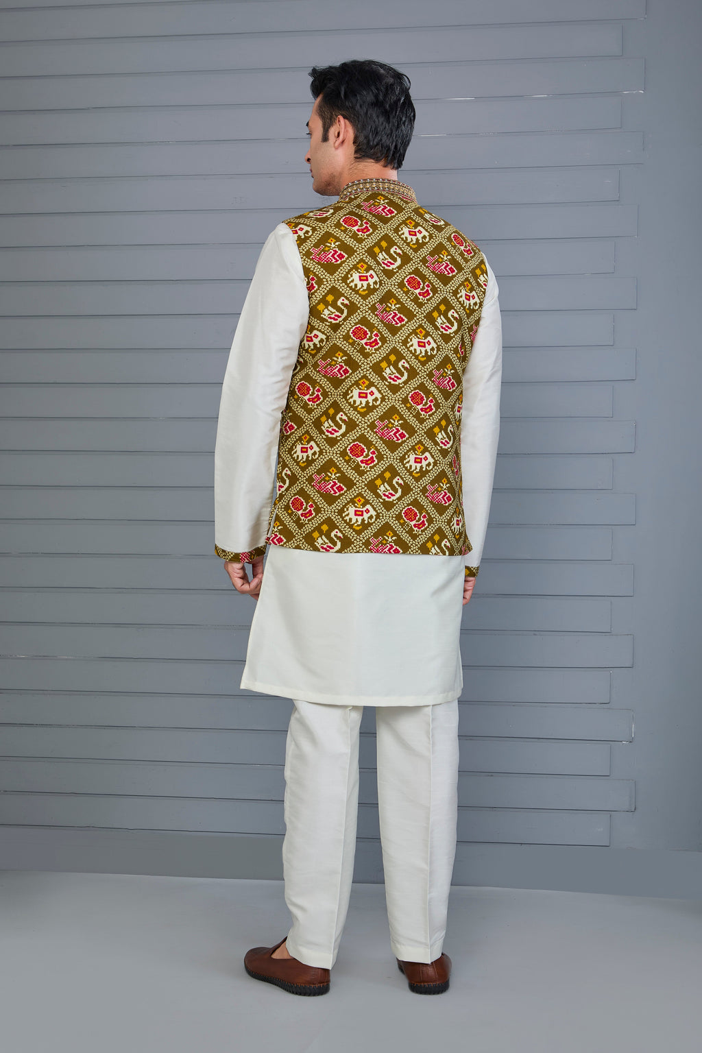 Festive Wear Off-White & Brown Men’s Patola Printed Kurta Jacket Set