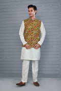 Festive Wear Off-White & Brown Men’s Patola Printed Kurta Jacket Set