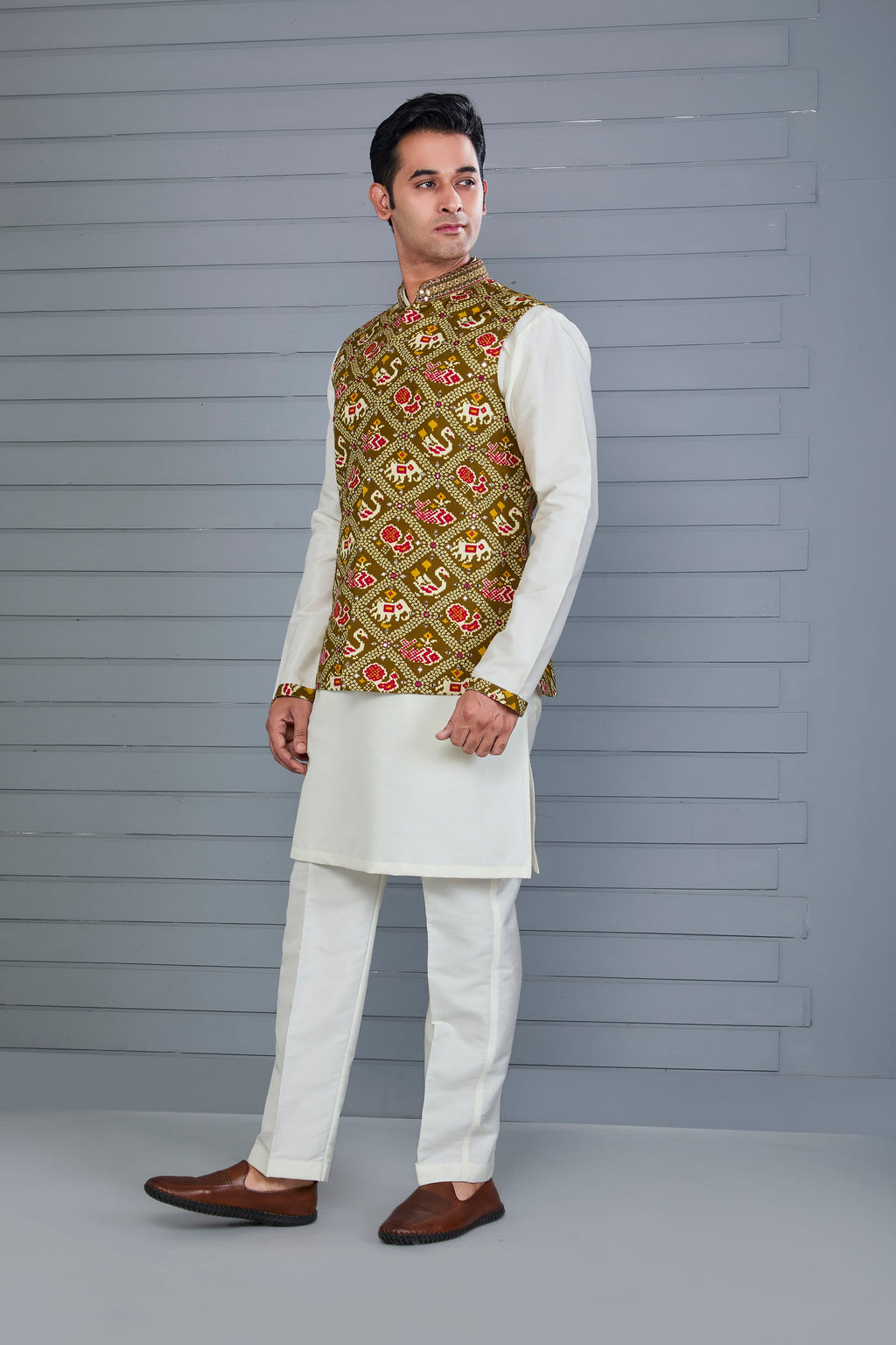 Festive Wear Off-White & Brown Men’s Patola Printed Kurta Jacket Set