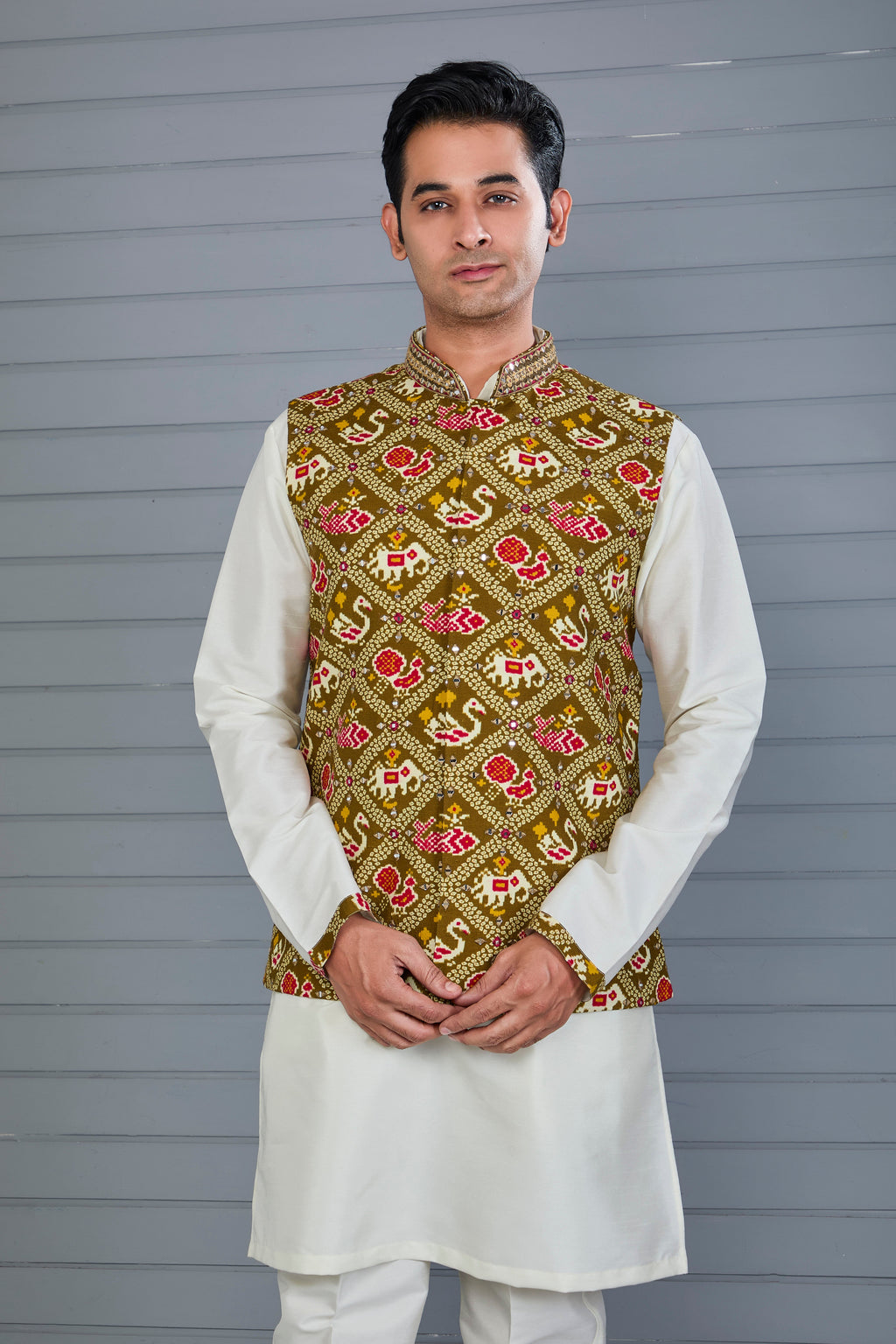 Festive Wear Off-White & Brown Men’s Patola Printed Kurta Jacket Set