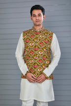 Festive Wear Off-White & Brown Men’s Patola Printed Kurta Jacket Set
