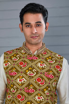 Festive Wear Off-White & Brown Men’s Patola Printed Kurta Jacket Set