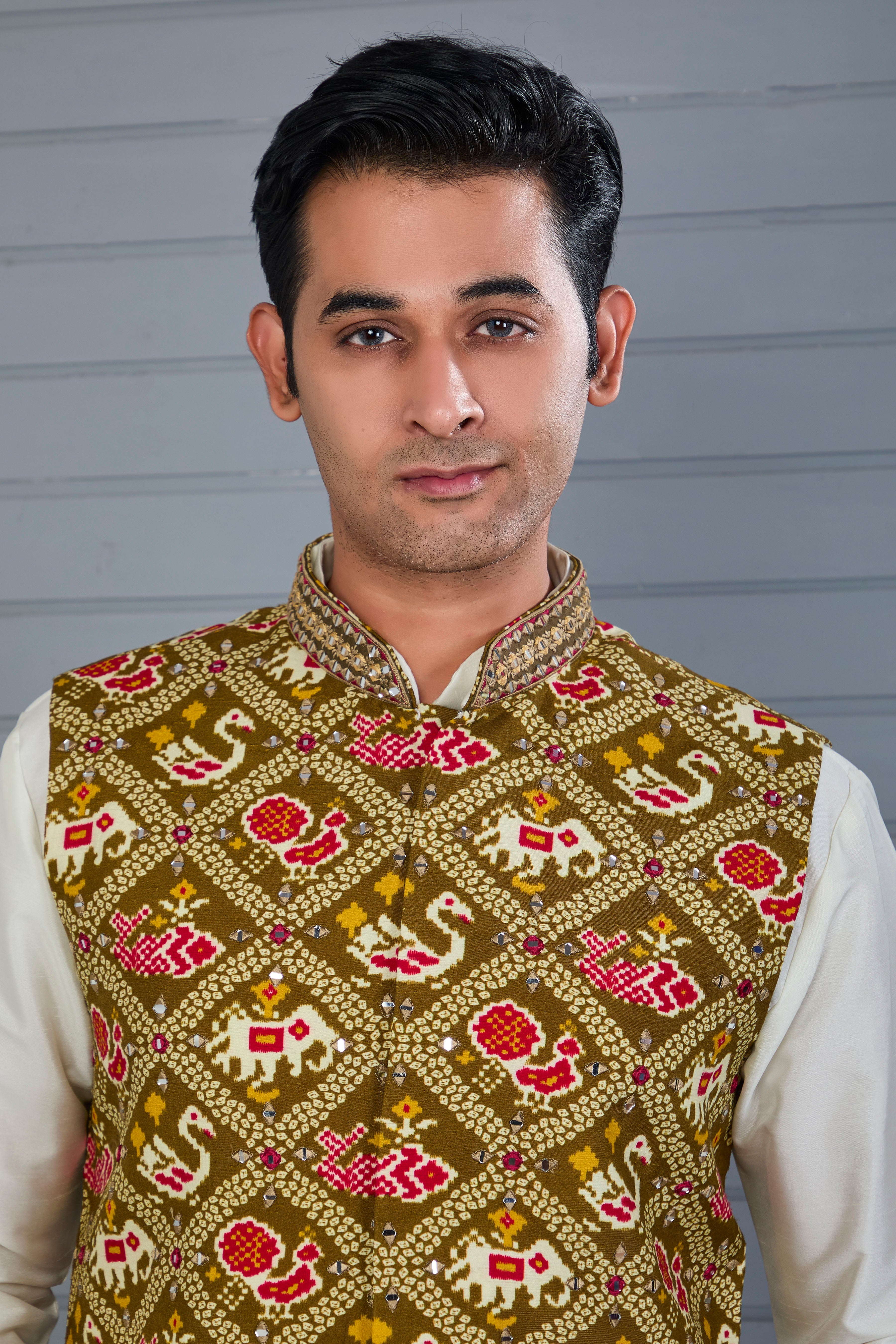 Festive Wear Off-White & Brown Men’s Patola Printed Kurta Jacket Set