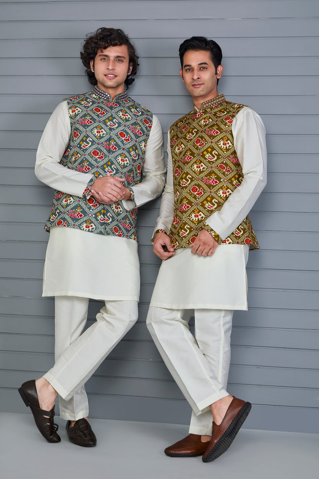 Festive Wear Off-White & Brown Men’s Patola Printed Kurta Jacket Set