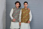Men’s Printed Kurta Jacket Set in Off white and Grey for Festive
