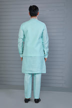 Wedding and Engagement Wear Sea Blue Men’s Kurta Jacket Set in Comfort fit