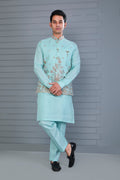 Wedding and Engagement Wear Sea Blue Men’s Kurta Jacket Set in Comfort fit
