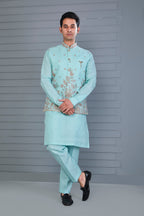 Wedding and Engagement Wear Sea Blue Men’s Kurta Jacket Set in Comfort fit