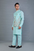 Wedding and Engagement Wear Sea Blue Men’s Kurta Jacket Set in Comfort fit