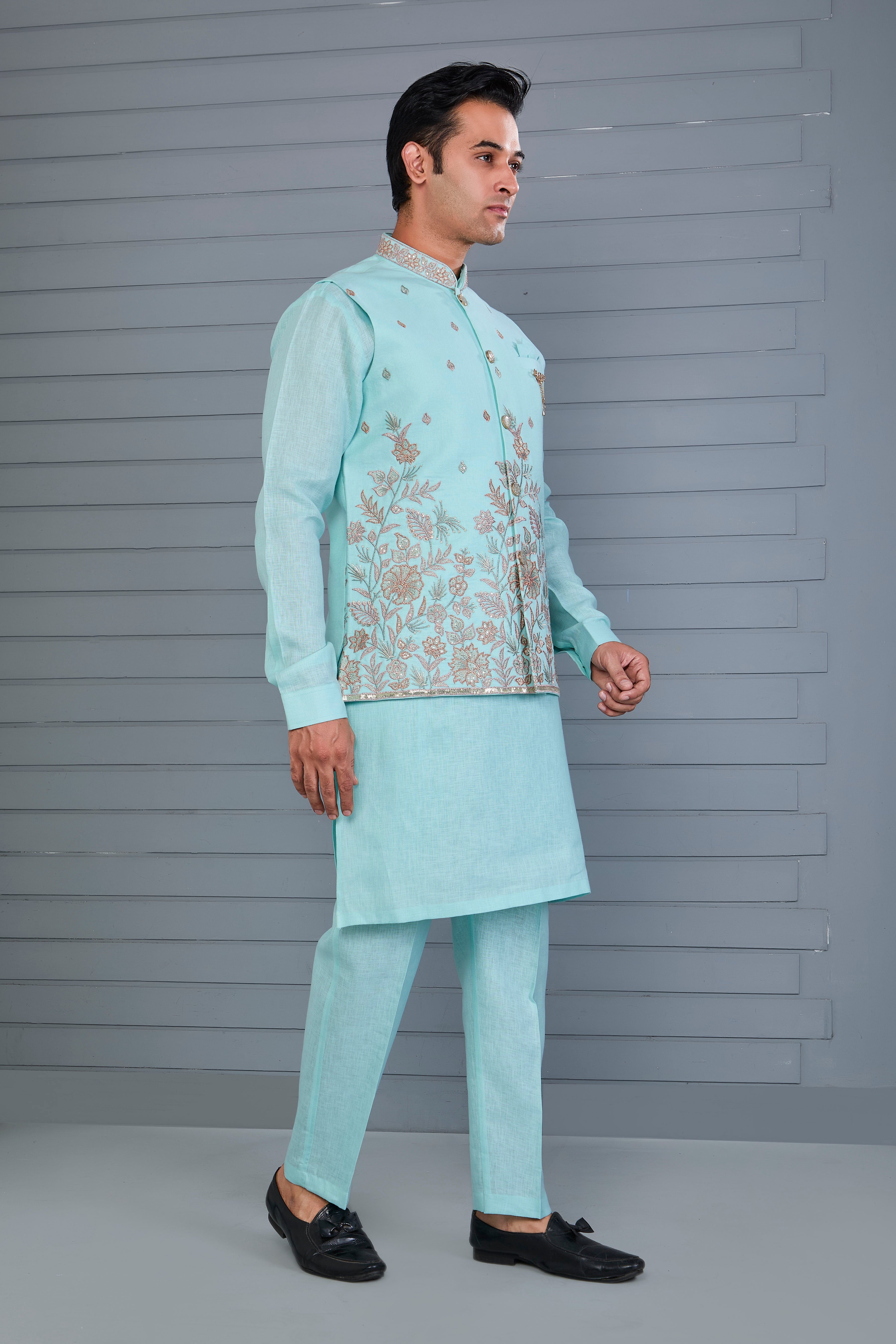 Wedding and Engagement Wear Sea Blue Men’s Kurta Jacket Set in Comfort fit