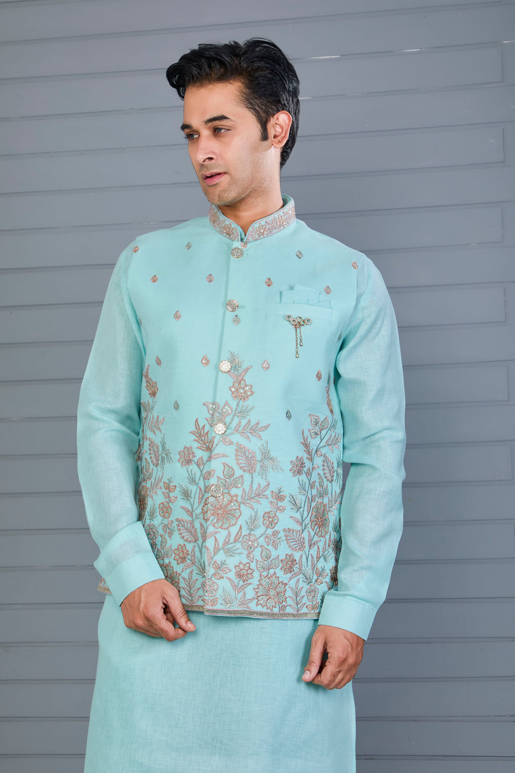 Wedding and Engagement Wear Sea Blue Men’s Kurta Jacket Set in Comfort fit