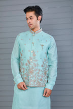 Wedding and Engagement Wear Sea Blue Men’s Kurta Jacket Set in Comfort fit