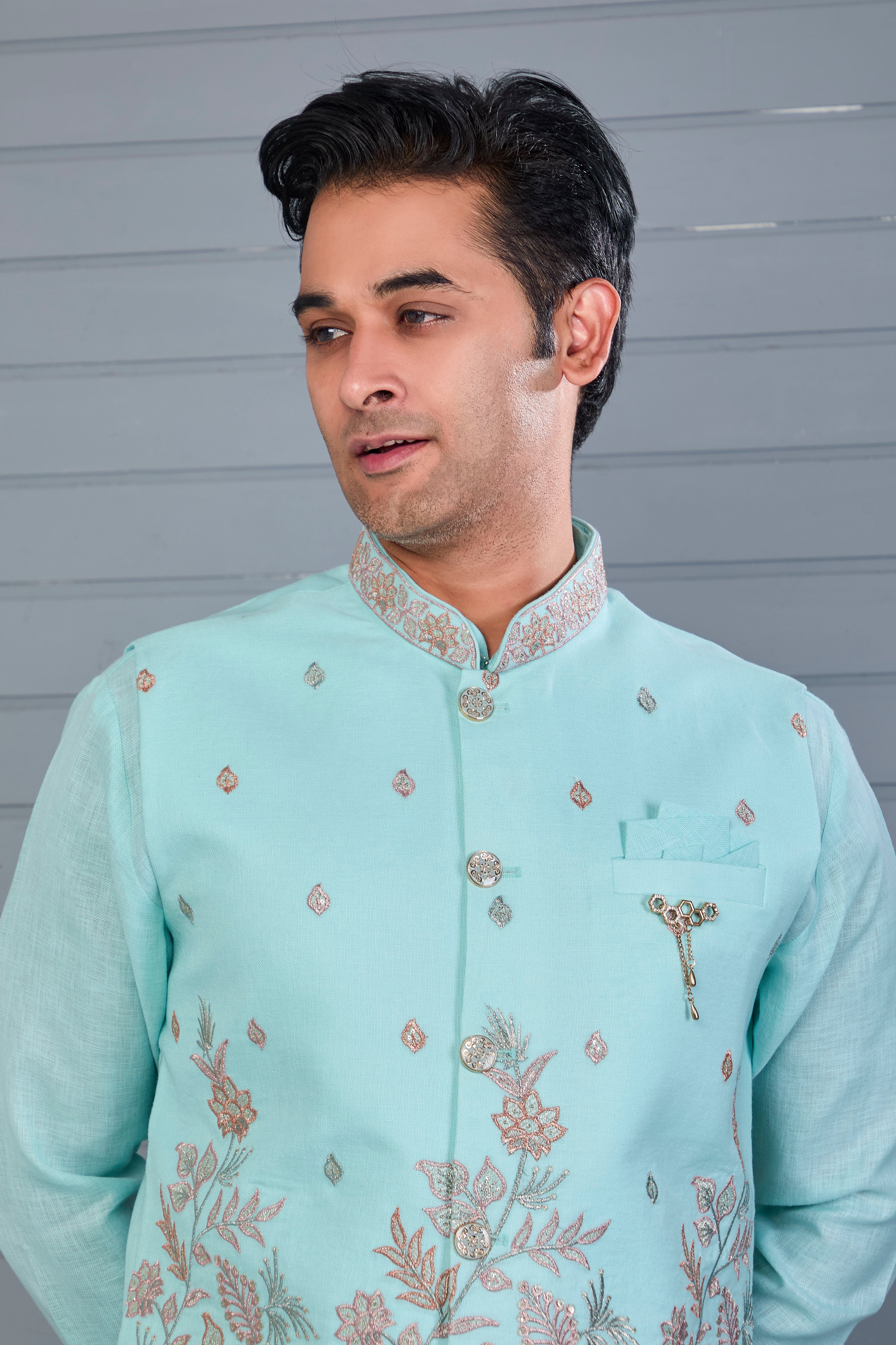 Wedding and Engagement Wear Sea Blue Men’s Kurta Jacket Set in Comfort fit