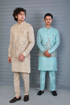 Men’s Raw Silk Kurta Jacket Set in Beige for Engagement and Wedding Wear