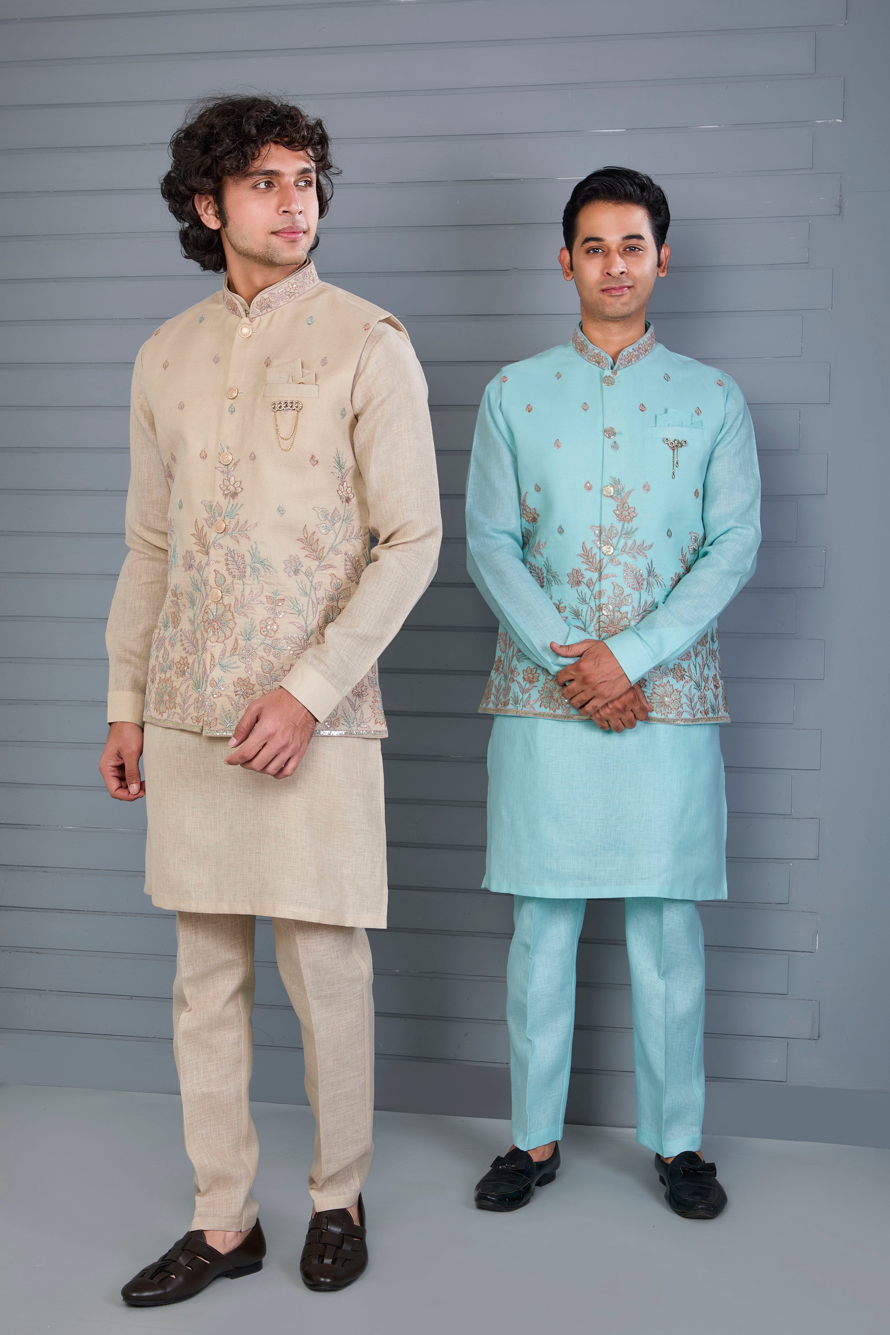 Men’s Raw Silk Kurta Jacket Set in Beige for Engagement and Wedding Wear