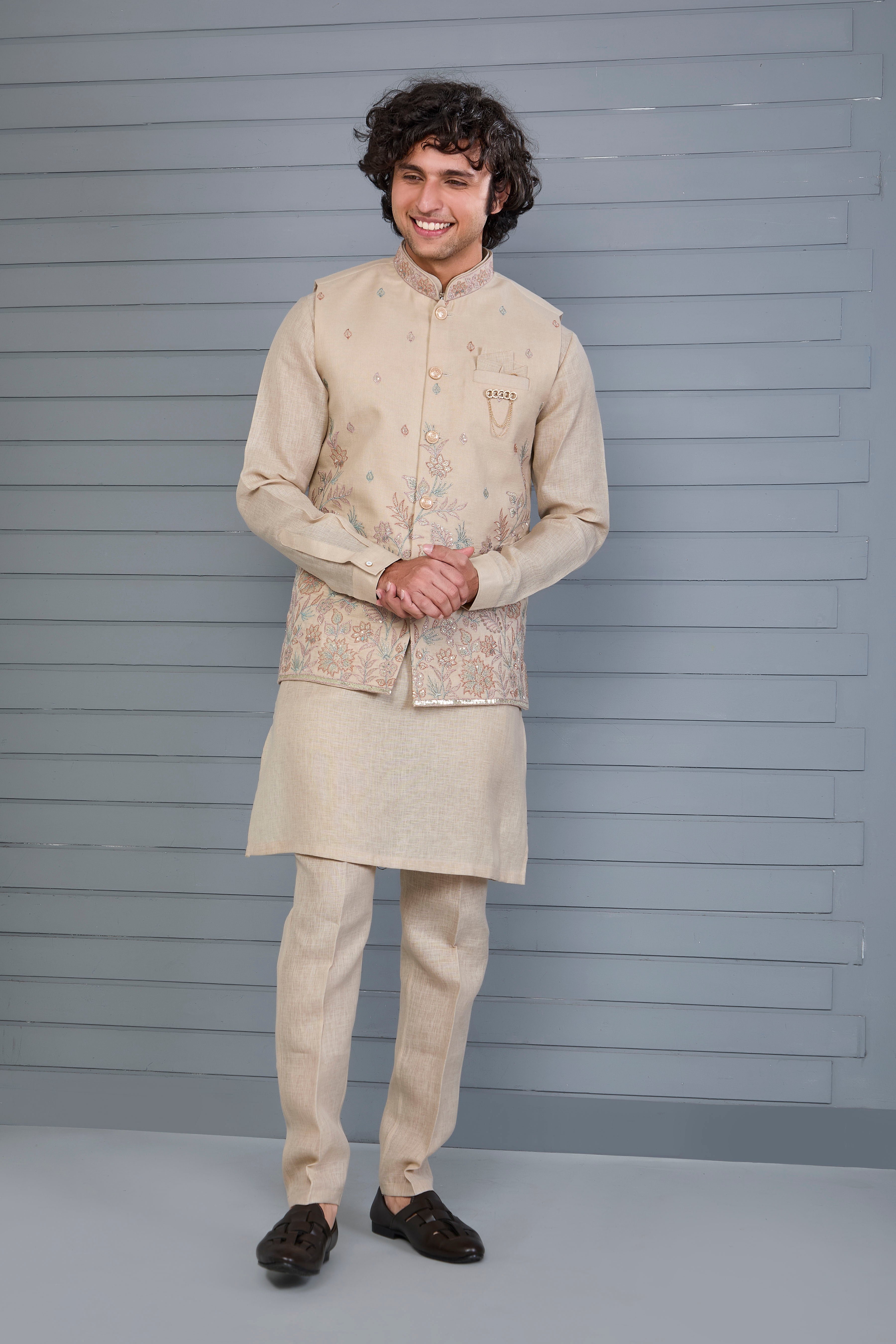 Men’s Raw Silk Kurta Jacket Set in Beige for Engagement and Wedding Wear