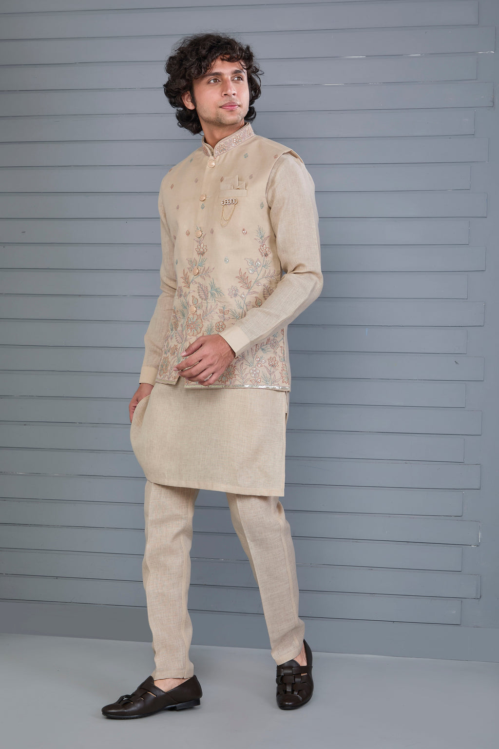 Men’s Raw Silk Kurta Jacket Set in Beige for Engagement and Wedding Wear