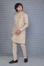 Men’s Raw Silk Kurta Jacket Set in Beige for Engagement and Wedding Wear