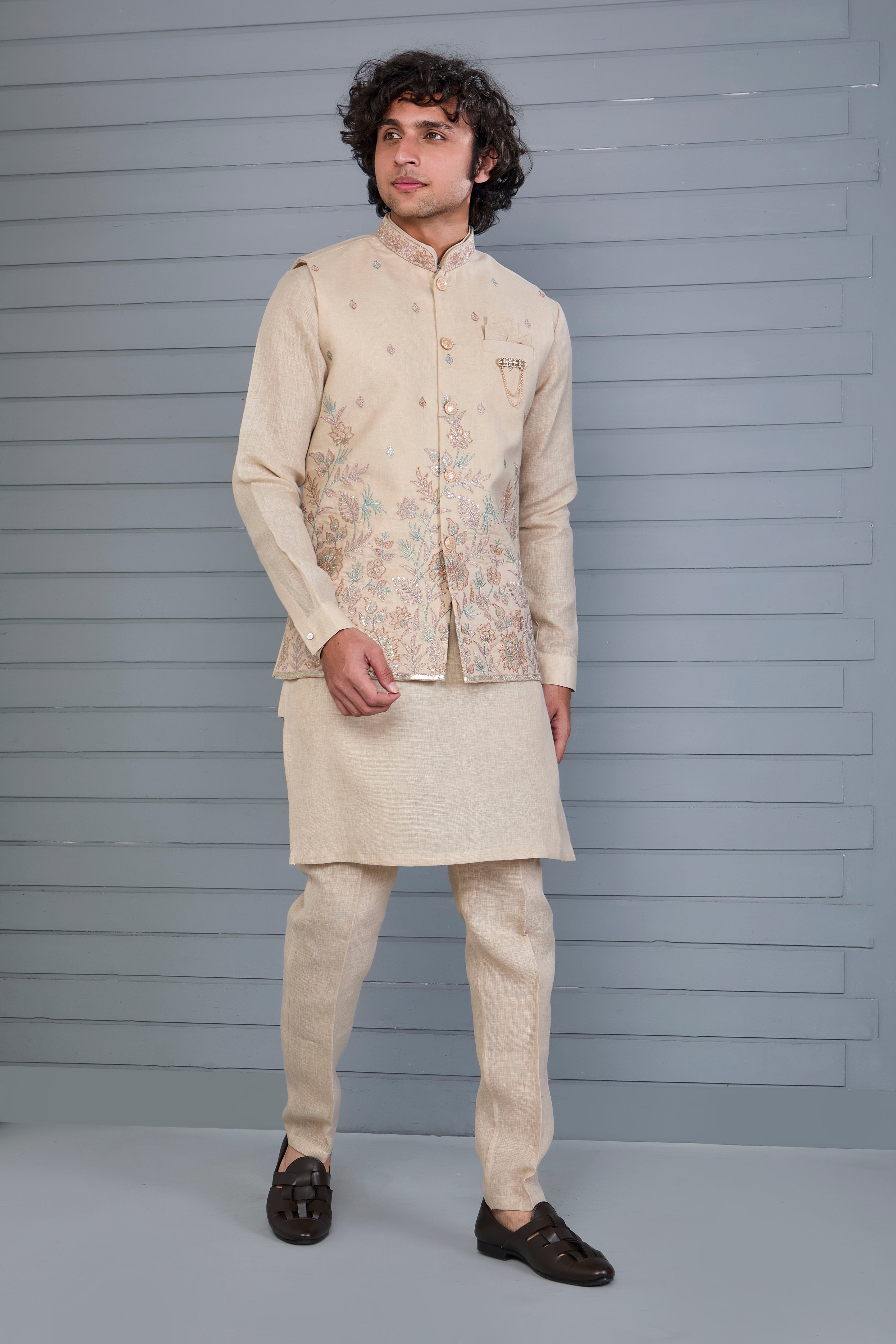 Men’s Raw Silk Kurta Jacket Set in Beige for Engagement and Wedding Wear