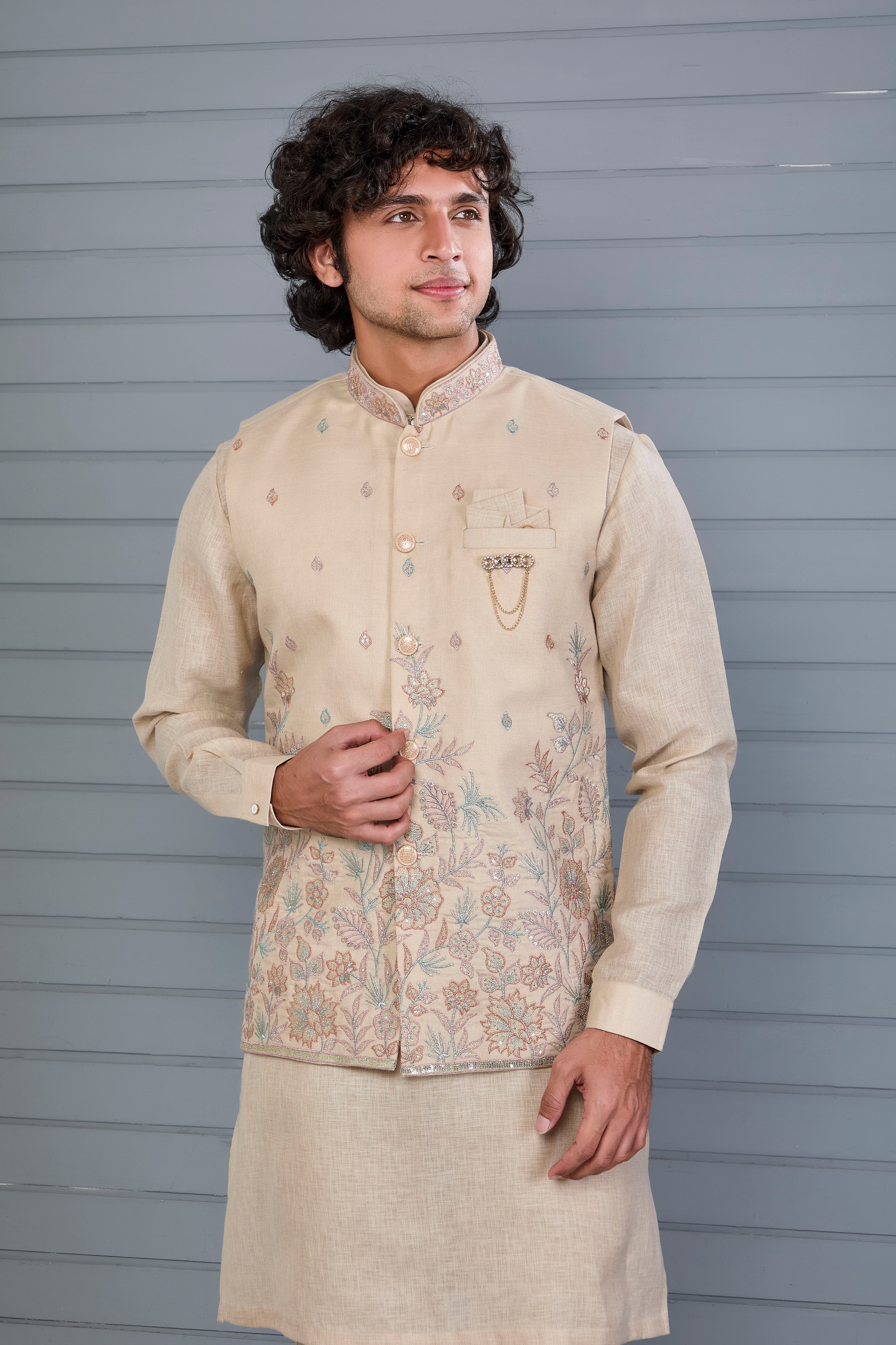 Men’s Raw Silk Kurta Jacket Set in Beige for Engagement and Wedding Wear