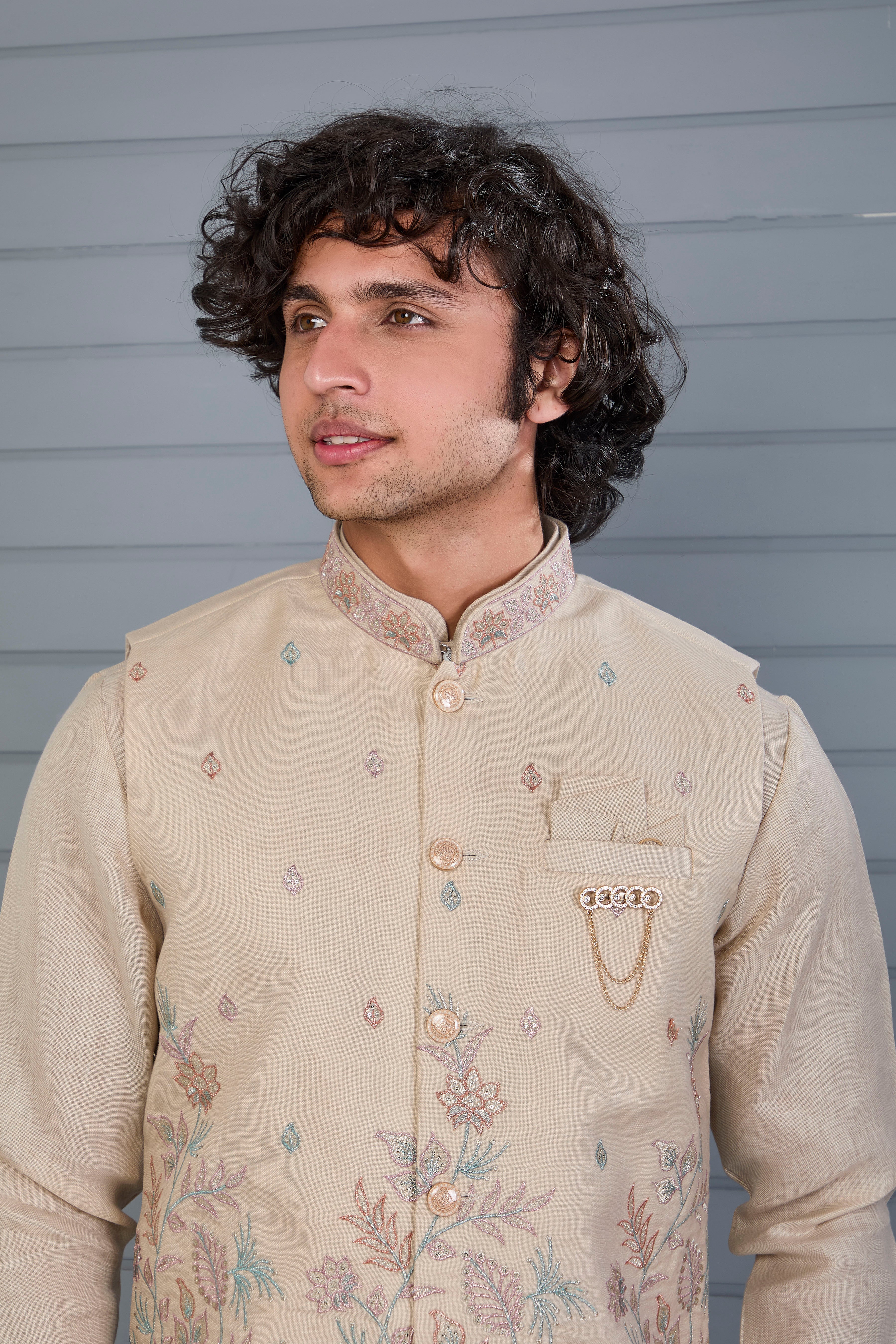 Men’s Raw Silk Kurta Jacket Set in Beige for Engagement and Wedding Wear