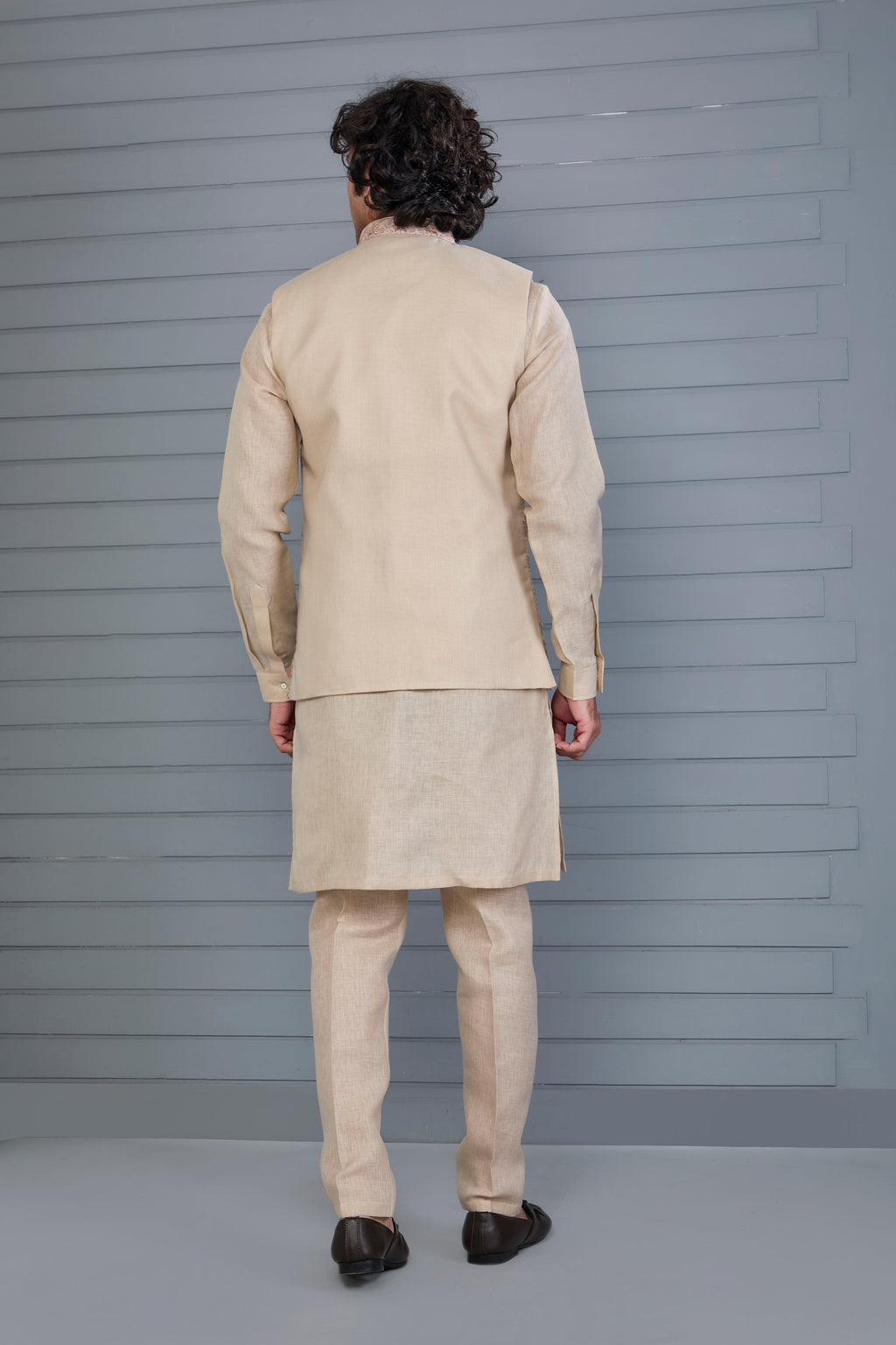 Men’s Raw Silk Kurta Jacket Set in Beige for Engagement and Wedding Wear