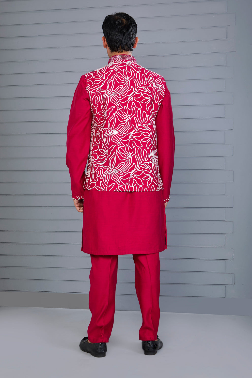 Royal Magenta Raw Silk Men's Kurta Jacket Set for Festive Events