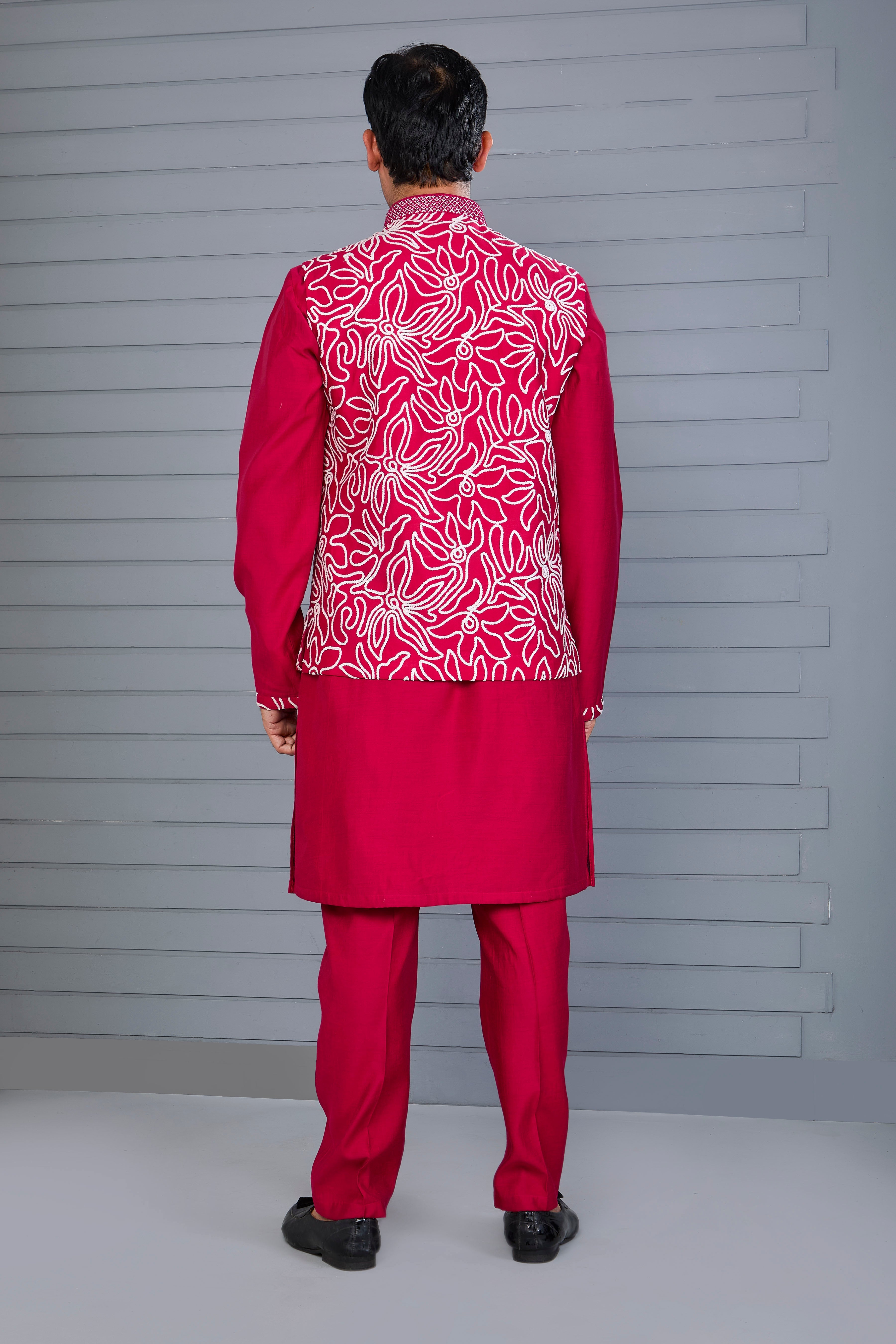 Royal Magenta Raw Silk Men's Kurta Jacket Set for Festive Events