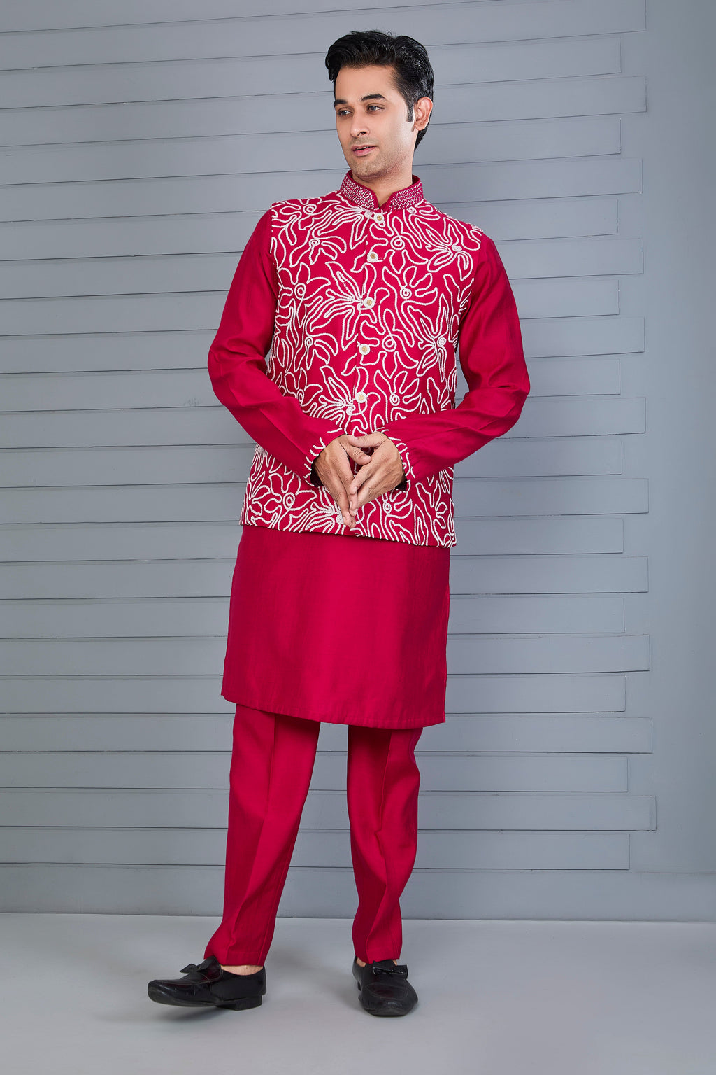 Royal Magenta Raw Silk Men's Kurta Jacket Set for Festive Events