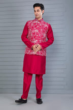 Royal Magenta Raw Silk Men's Kurta Jacket Set for Festive Events
