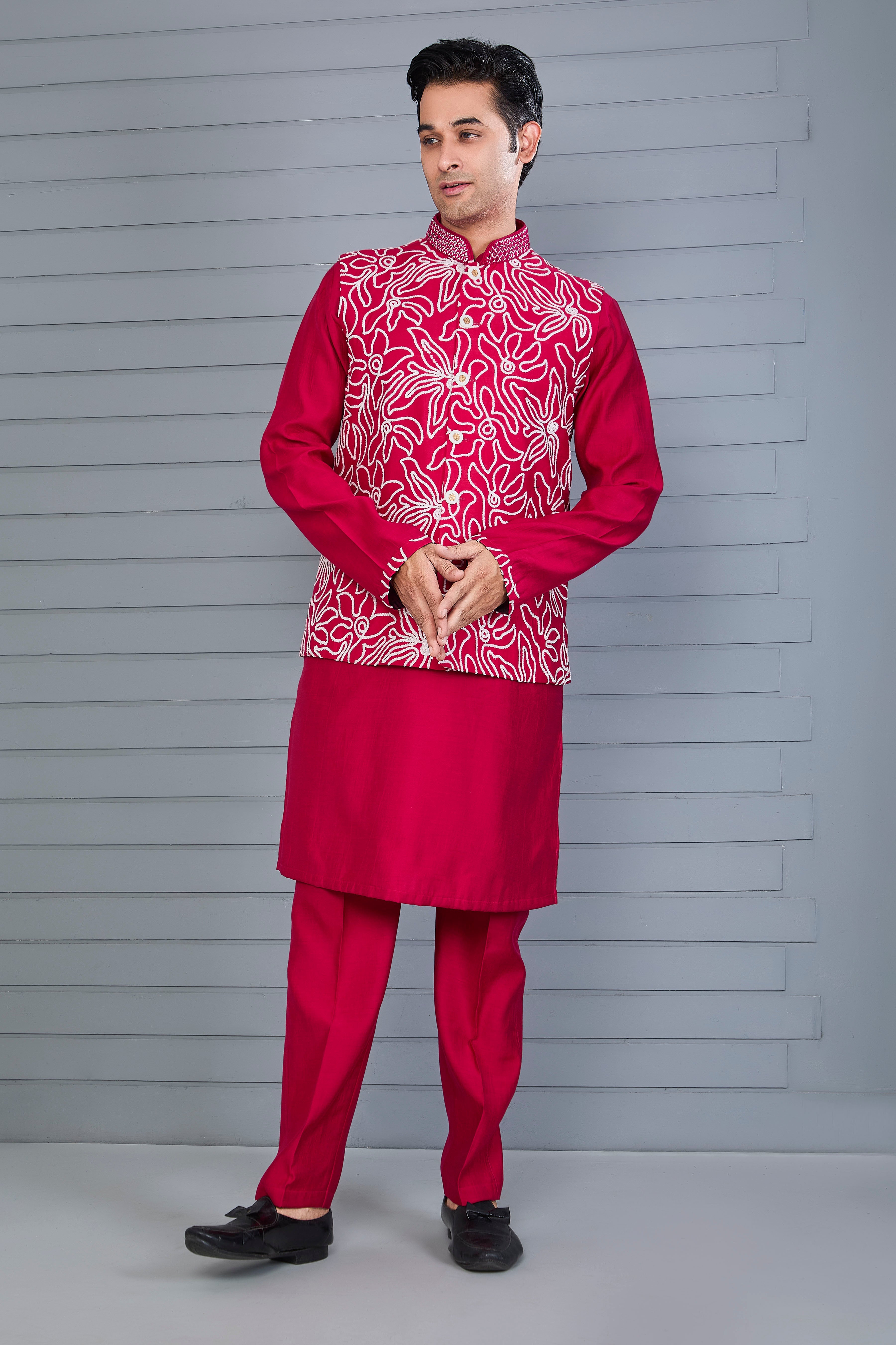 Royal Magenta Raw Silk Men's Kurta Jacket Set for Festive Events