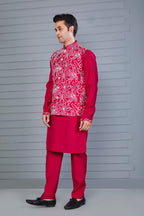 Royal Magenta Raw Silk Men's Kurta Jacket Set for Festive Events