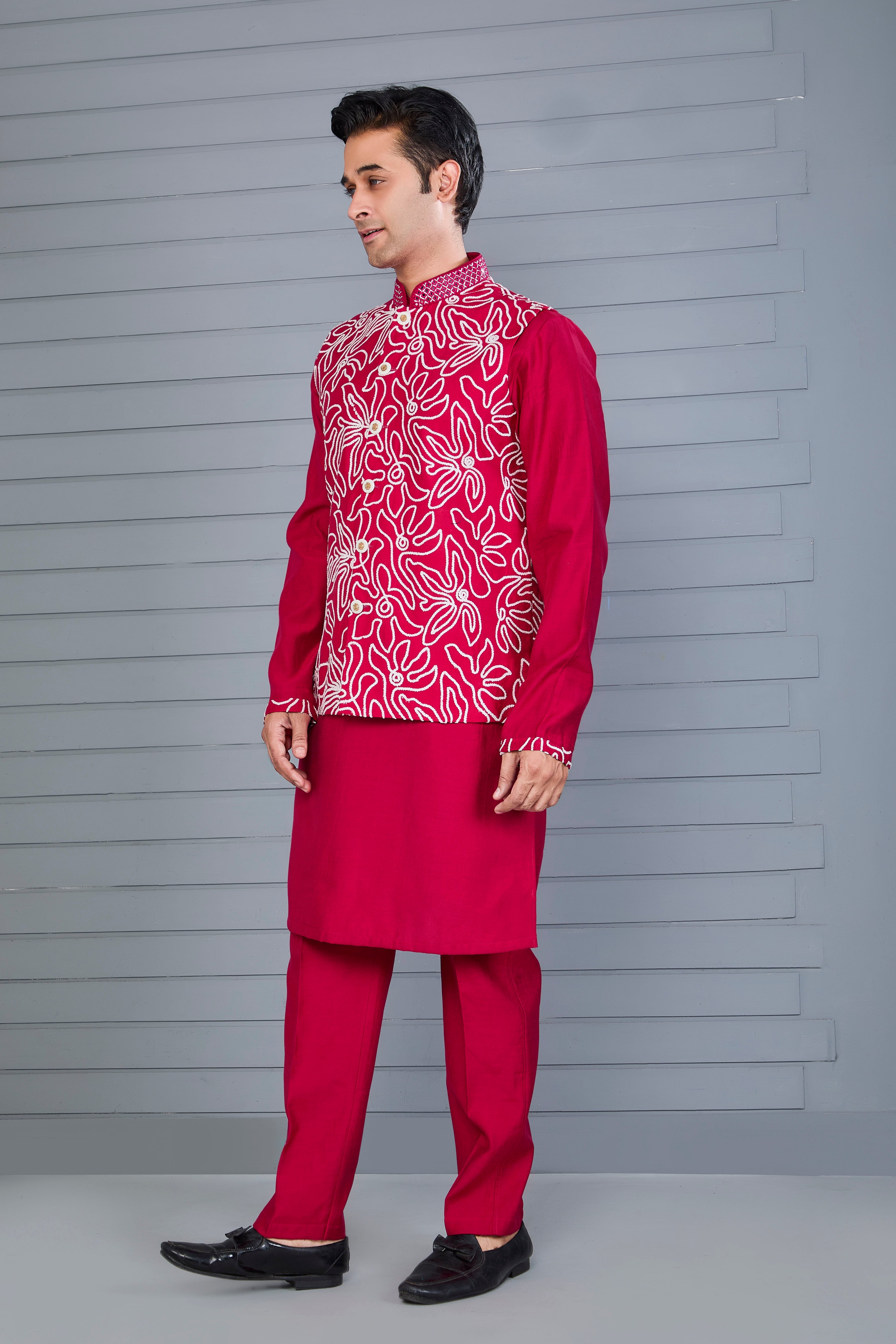 Royal Magenta Raw Silk Men's Kurta Jacket Set for Festive Events