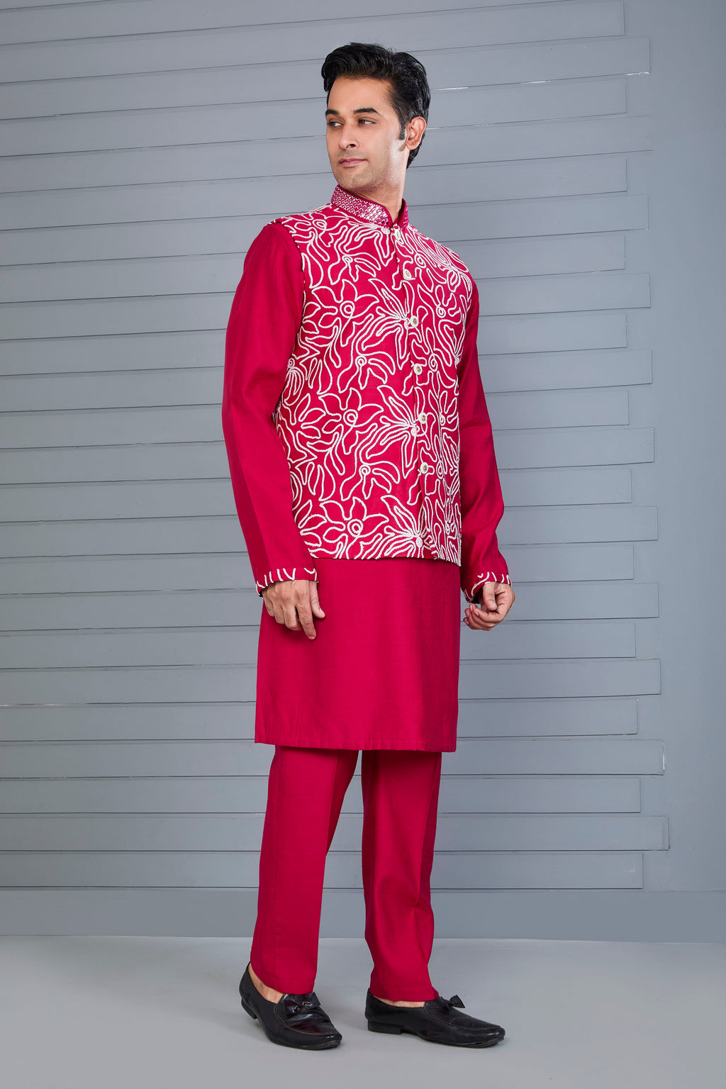 Royal Magenta Raw Silk Men's Kurta Jacket Set for Festive Events