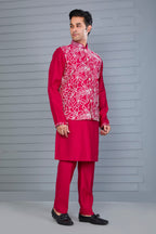 Royal Magenta Raw Silk Men's Kurta Jacket Set for Festive Events