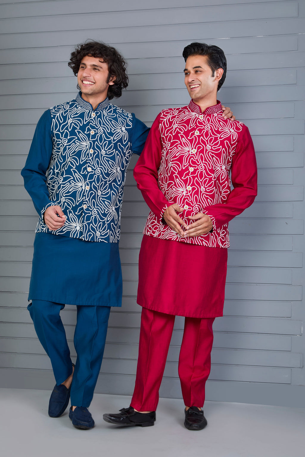 Dark Blue Men’s Kurta Jacket Set in Raw Silk for Festive Event