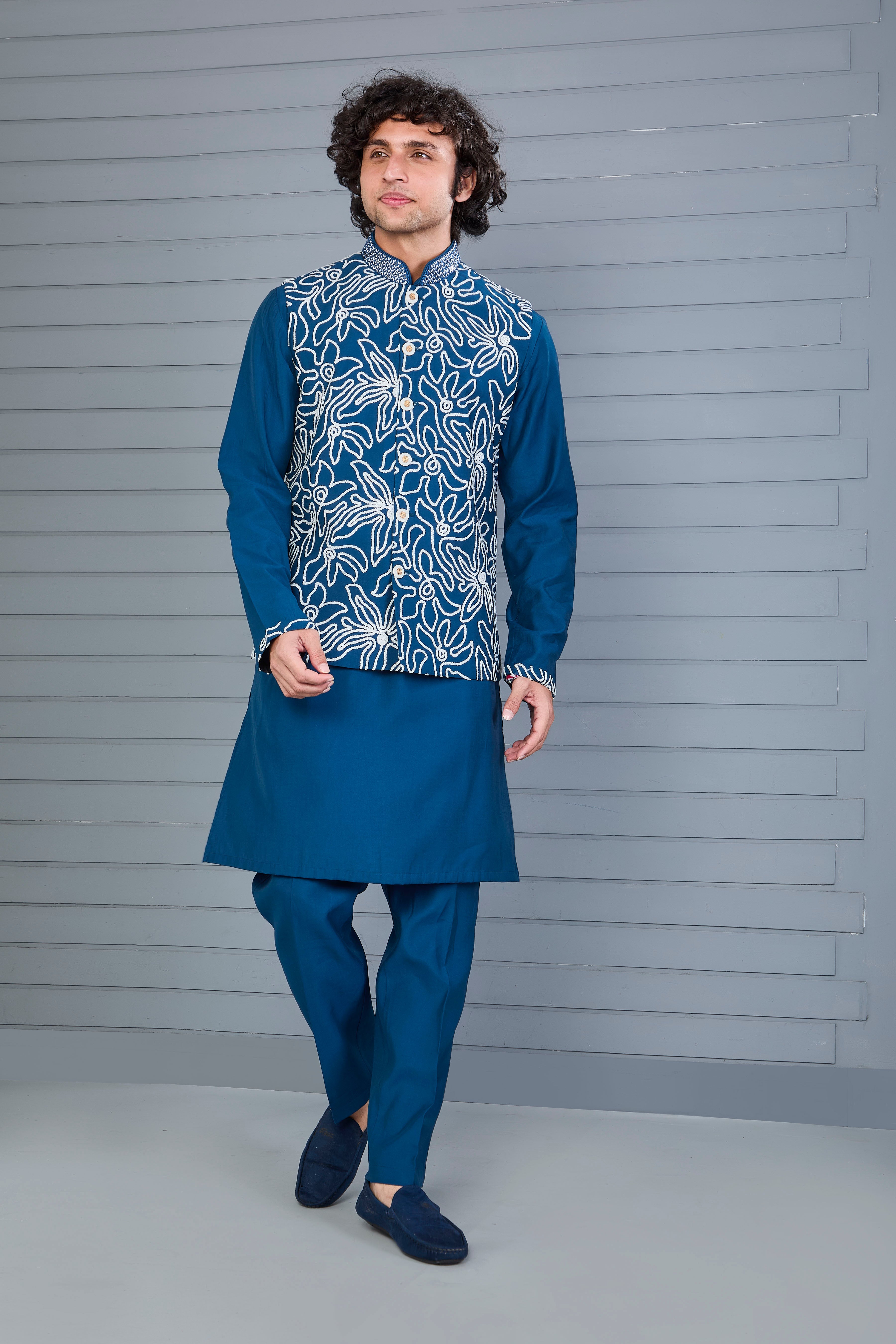 Dark Blue Men’s Kurta Jacket Set in Raw Silk for Festive Event