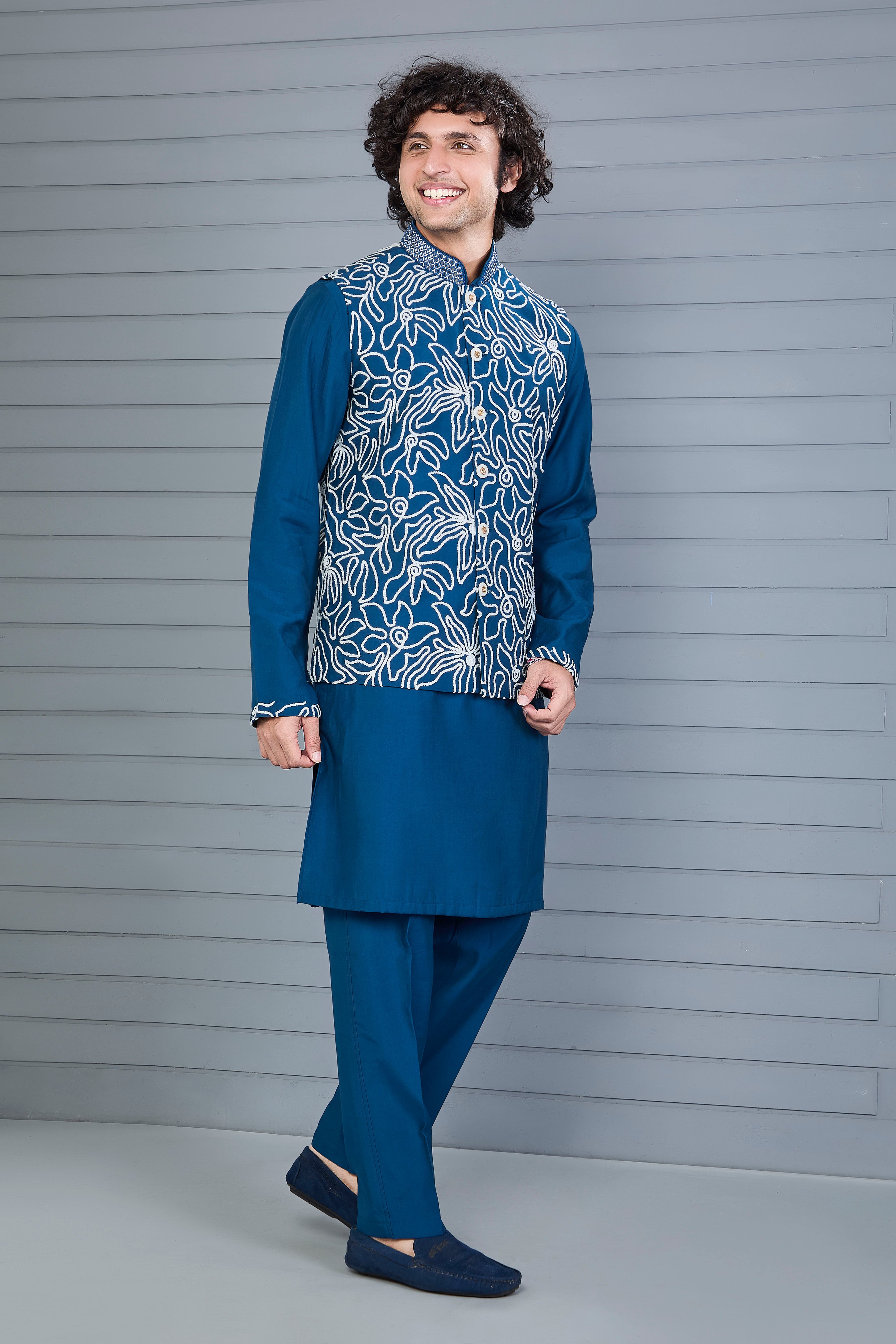 Dark Blue Men’s Kurta Jacket Set in Raw Silk for Festive Event