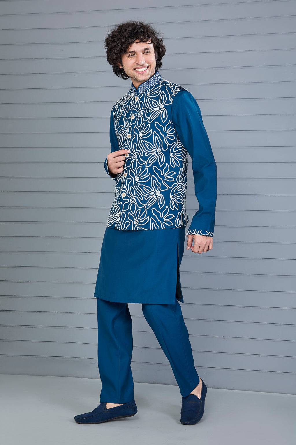 Dark Blue Men’s Kurta Jacket Set in Raw Silk for Festive Event