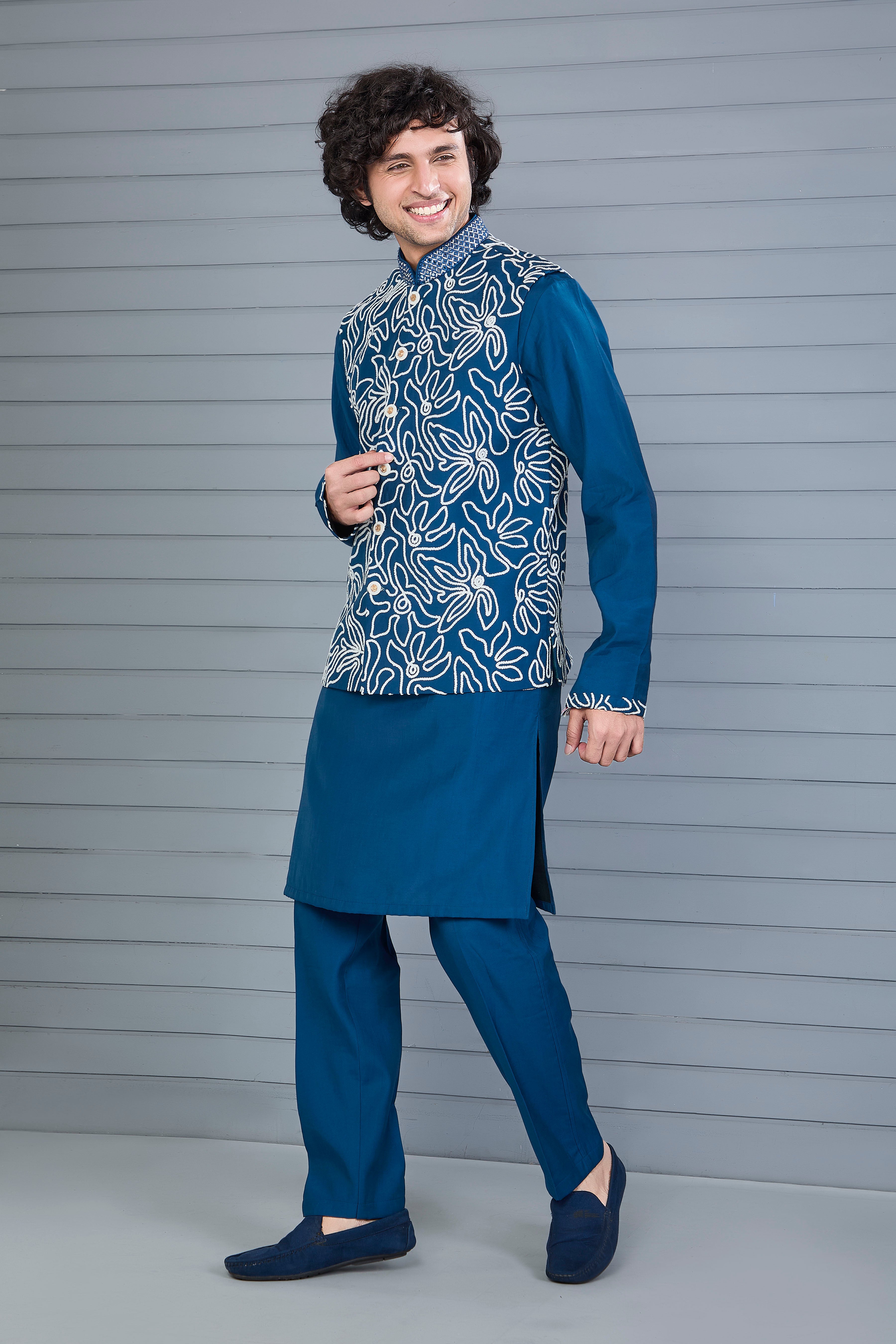 Dark Blue Men’s Kurta Jacket Set in Raw Silk for Festive Event